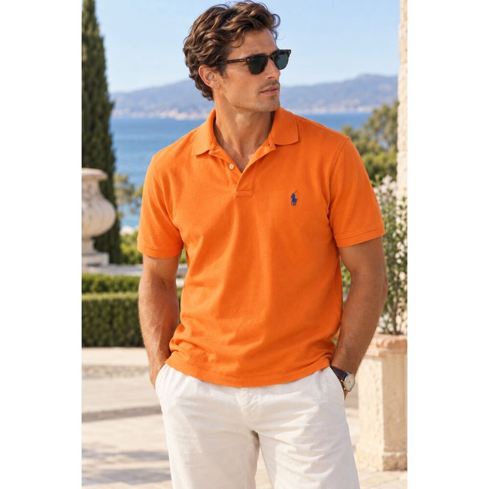 Polo Ralph Lauren Polo Shirt Men’s L Classic Fit Orange Short Sleeve Blue Pony